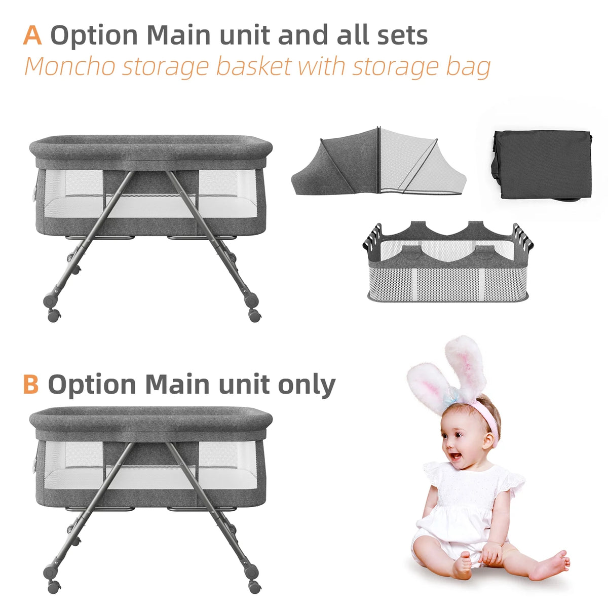 Portable Folding Rocking Bassinet with Storage Basket, Travel Bag, Gray A8097