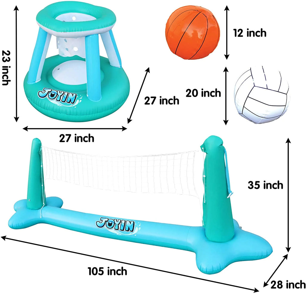 Inflatable Pool Float Set with Volleyball Net & Basketball Hoops Balls J74335