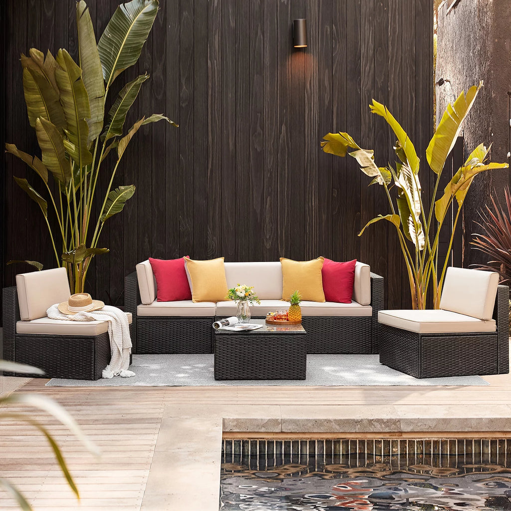 6 Pieces Wicker PE Rattan Sectional Sofa with Cushions D7766