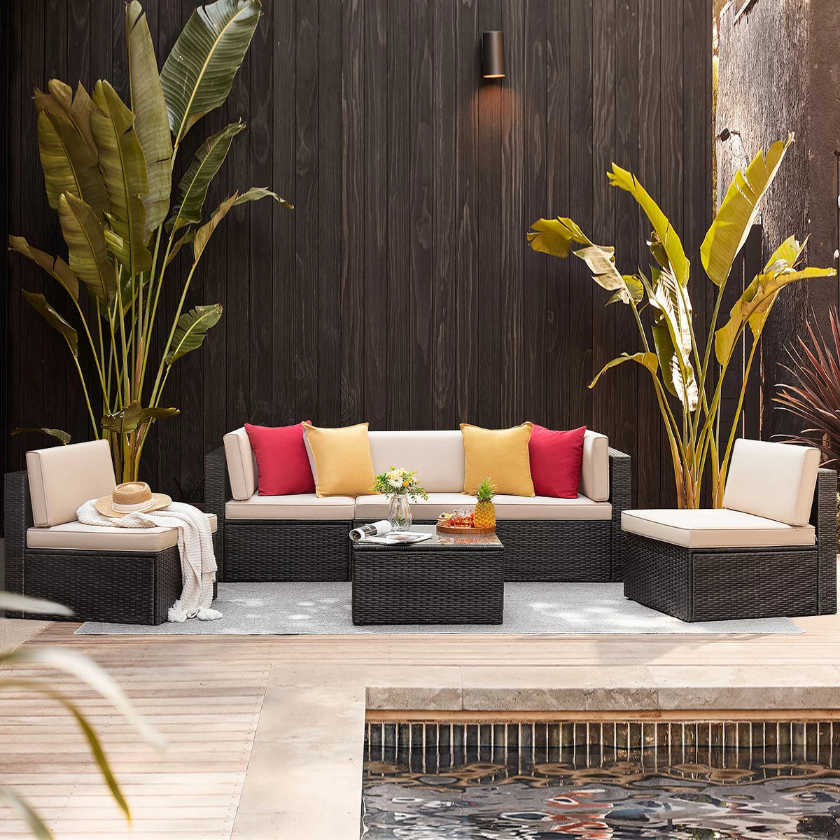 6 Pieces Wicker PE Rattan Sectional Sofa with Cushions D7766