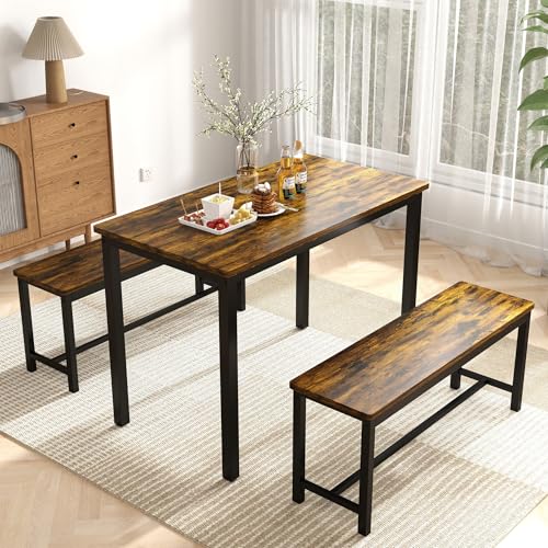 3-Piece Grey Dining Table Set with 2 Benches T17597