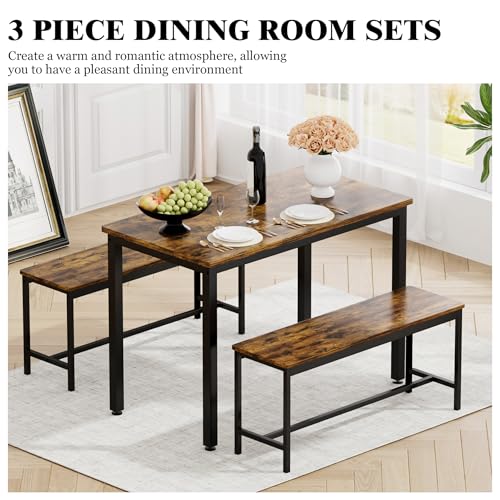 3-Piece Grey Dining Table Set with 2 Benches T17597