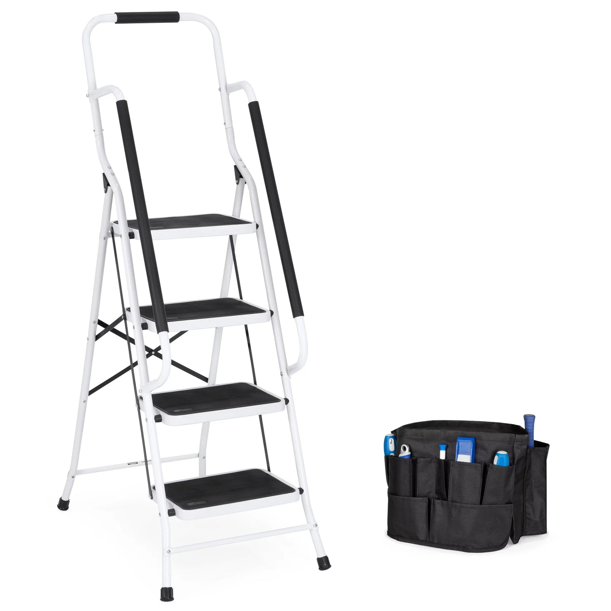 4-Step Portable Folding Anti-Slip Steel Ladder with Handrails H690827