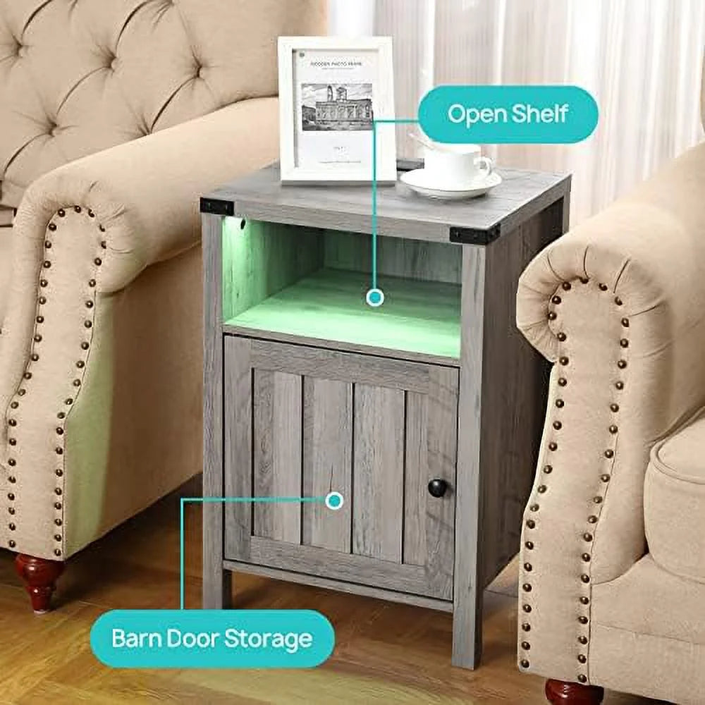Grey Nightstand with LED Lights and Charging Station Set of 2 Z1761