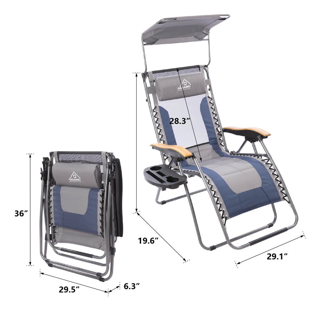 Blue Adjustable Folding Zero Outdoor Recliner with Cup Holder and Canopy Shade W34095
