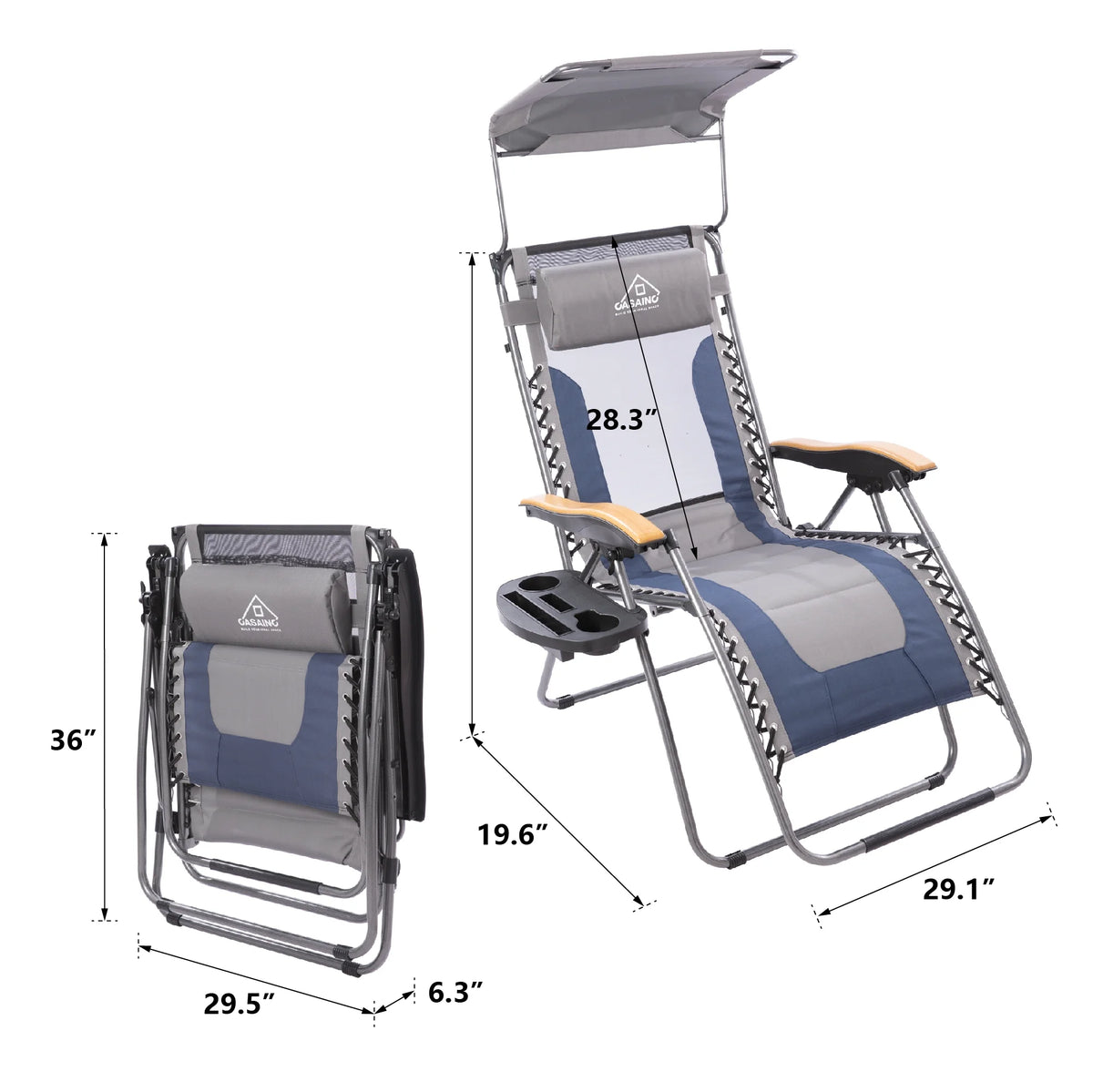 Blue Adjustable Folding Zero Outdoor Recliner with Cup Holder and Canopy Shade W34095