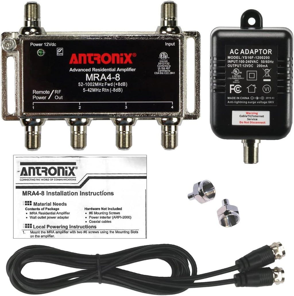 4-Port Digital Signal Amplifier Booster Splitter with Passive Return, Black Coax Power Cable, F59 Terminators, Pack of 2 F376570