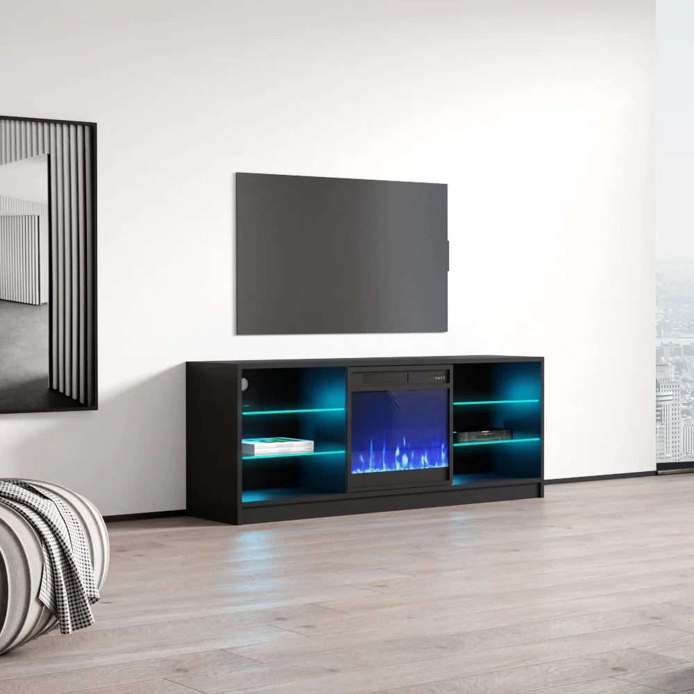 High Gloss Fireplace TV Stand with Storage Cabinets and LED Lights E390