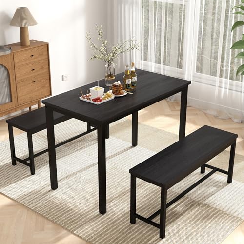3-Piece Grey Dining Table Set with 2 Benches T17597