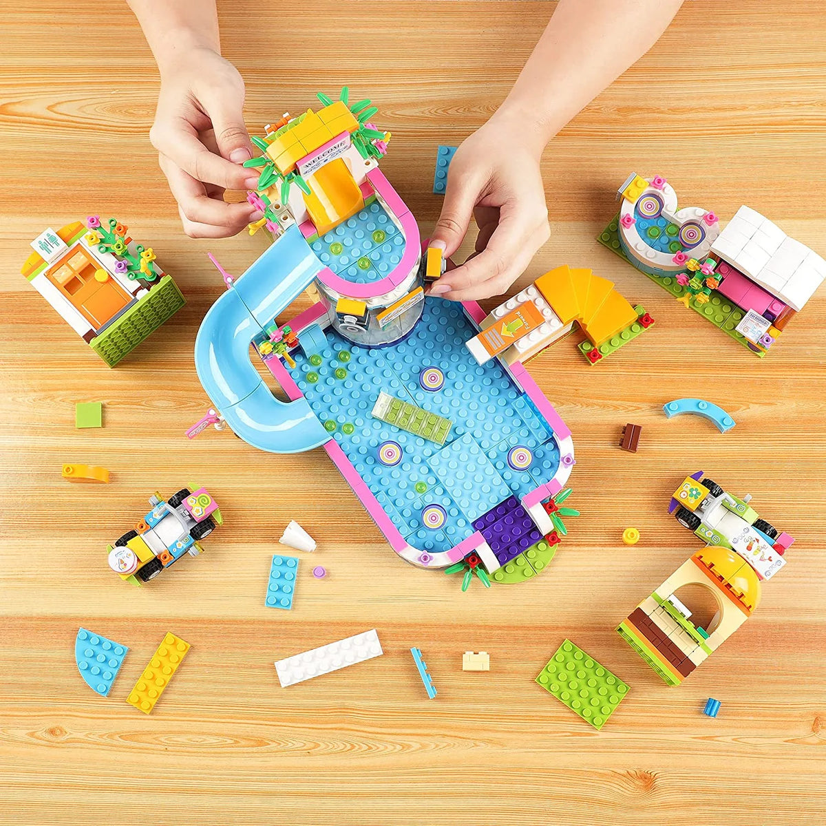 727 Pieces Pool Building Blocks Set with Toy Juice Bar and Hot Tub J24267