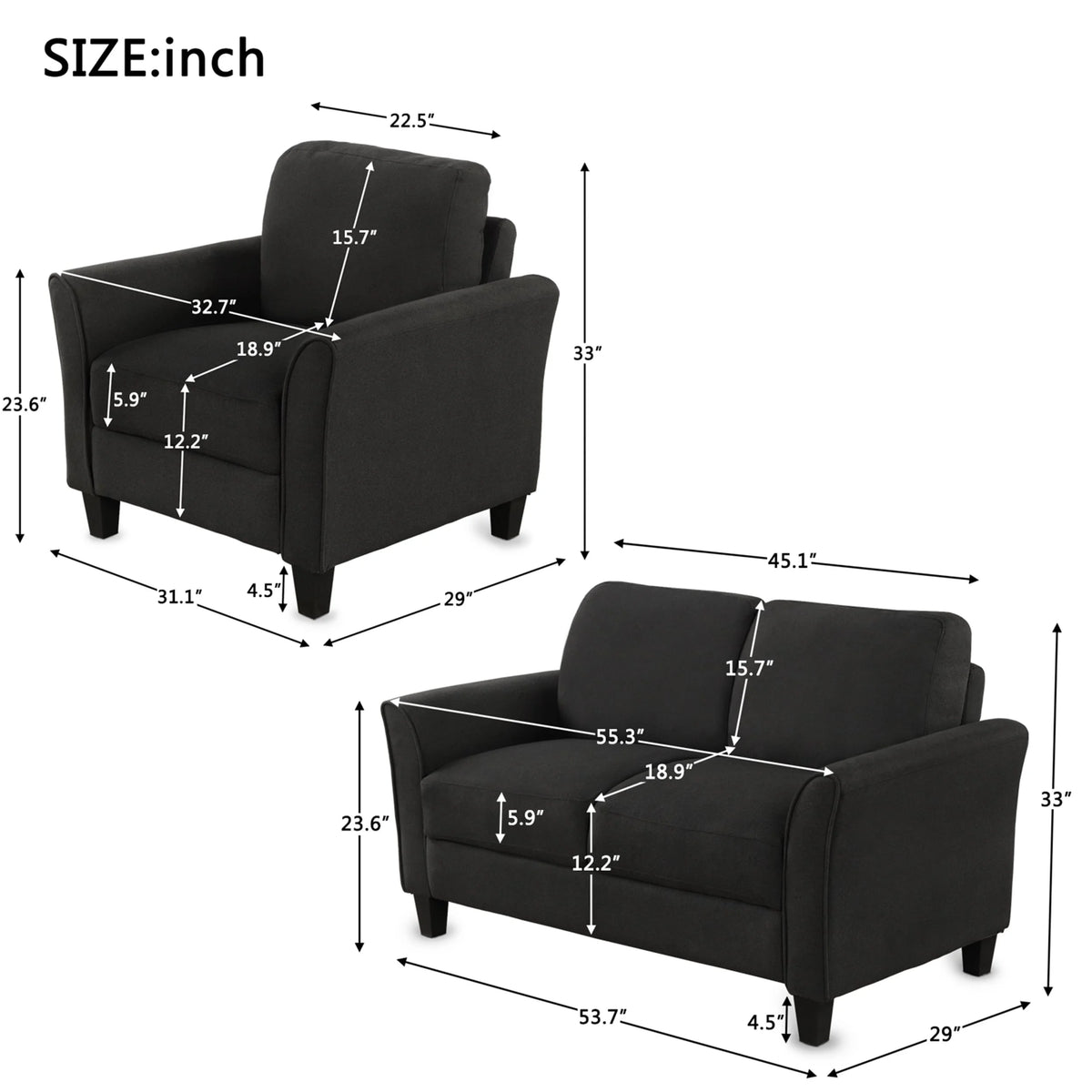 Grey Tight Back Armrest Chair and Loveseat Sofa M2357