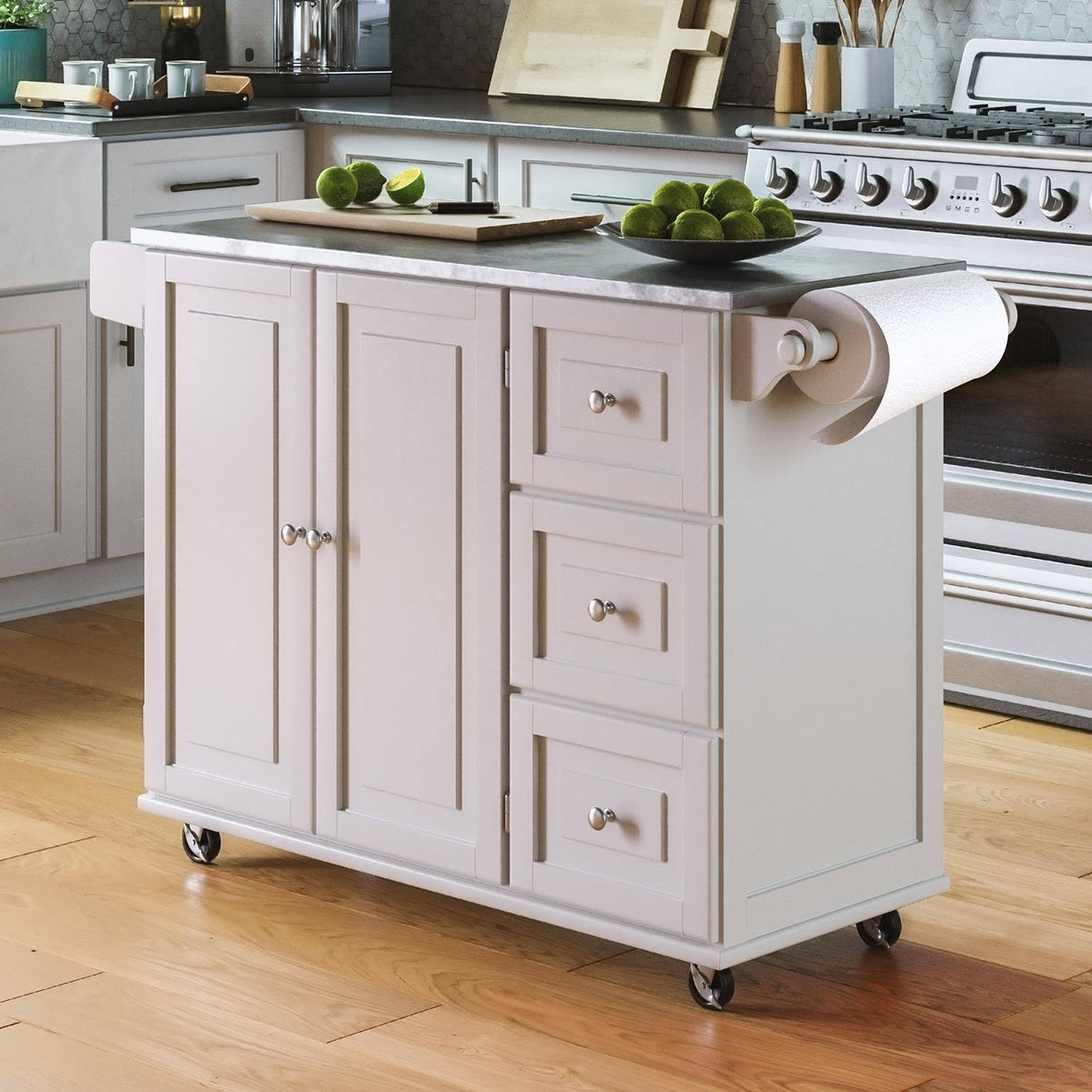 White Kitchen Cart with Stainless Steel Top X6035