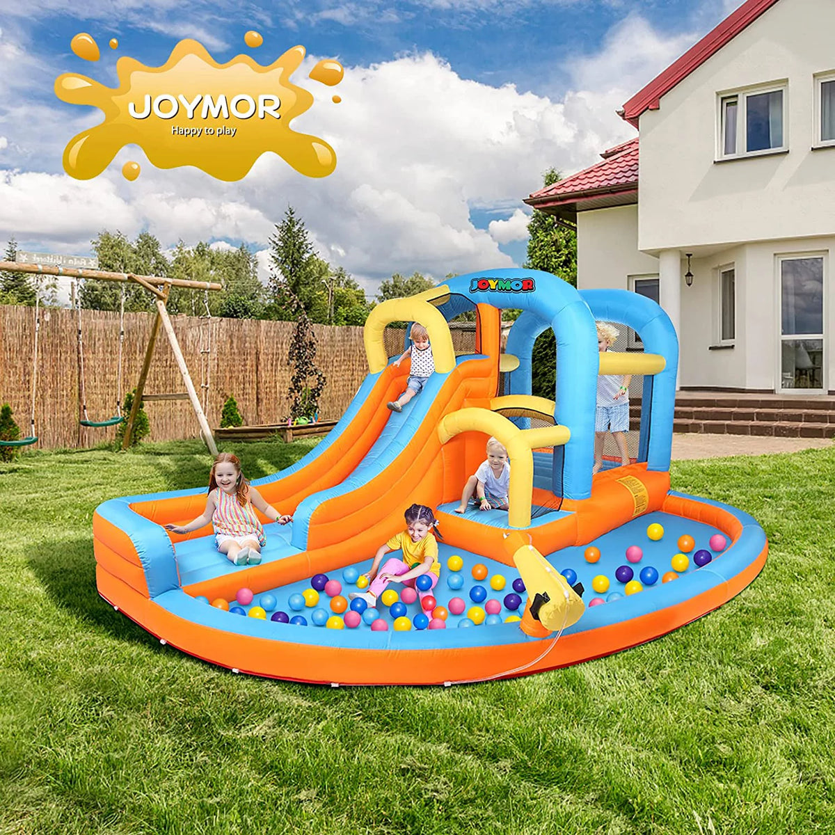 5-in-1 Inflatable Water Slide Park Bounce House with Splash Pool E576
