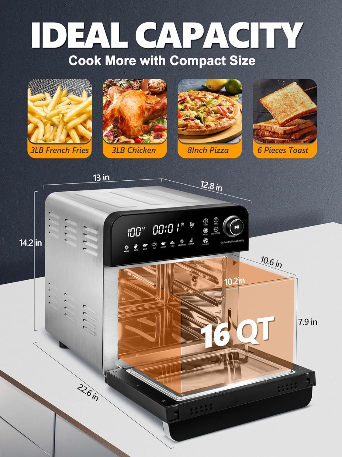 16 Quart 7-in-1 Stainless Steel Air Fryer Oven with Rotisserie and Racks C86152