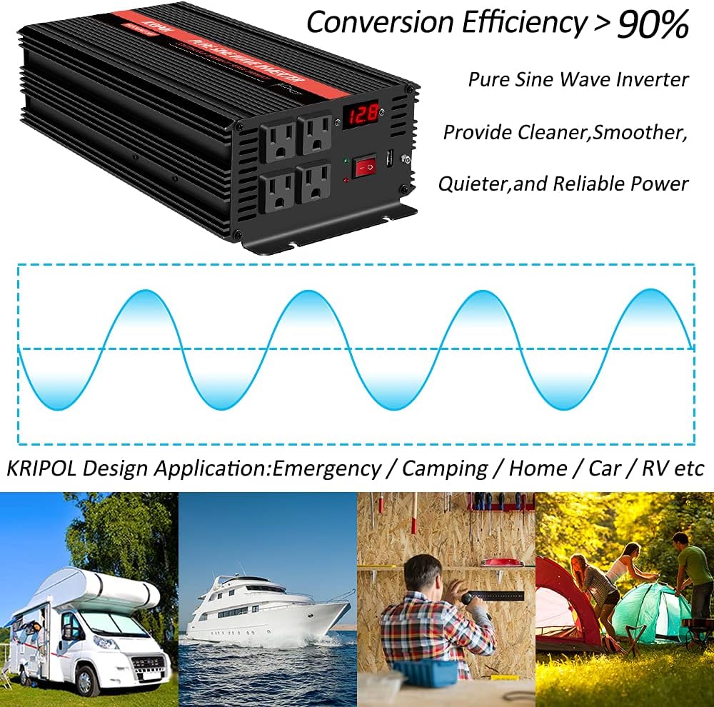 1000 Watt Pure Sine Wave Inverter 12v DC to 110/120v AC with Wireless Remote Control G2575