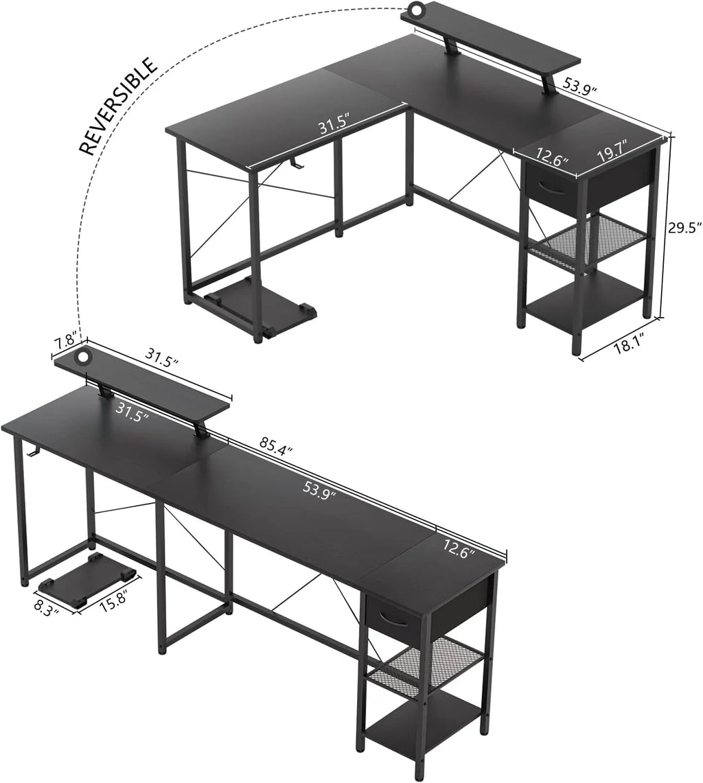 L Shaped Corner Computer Desk with Shelves and Monitor Stand Black V731286