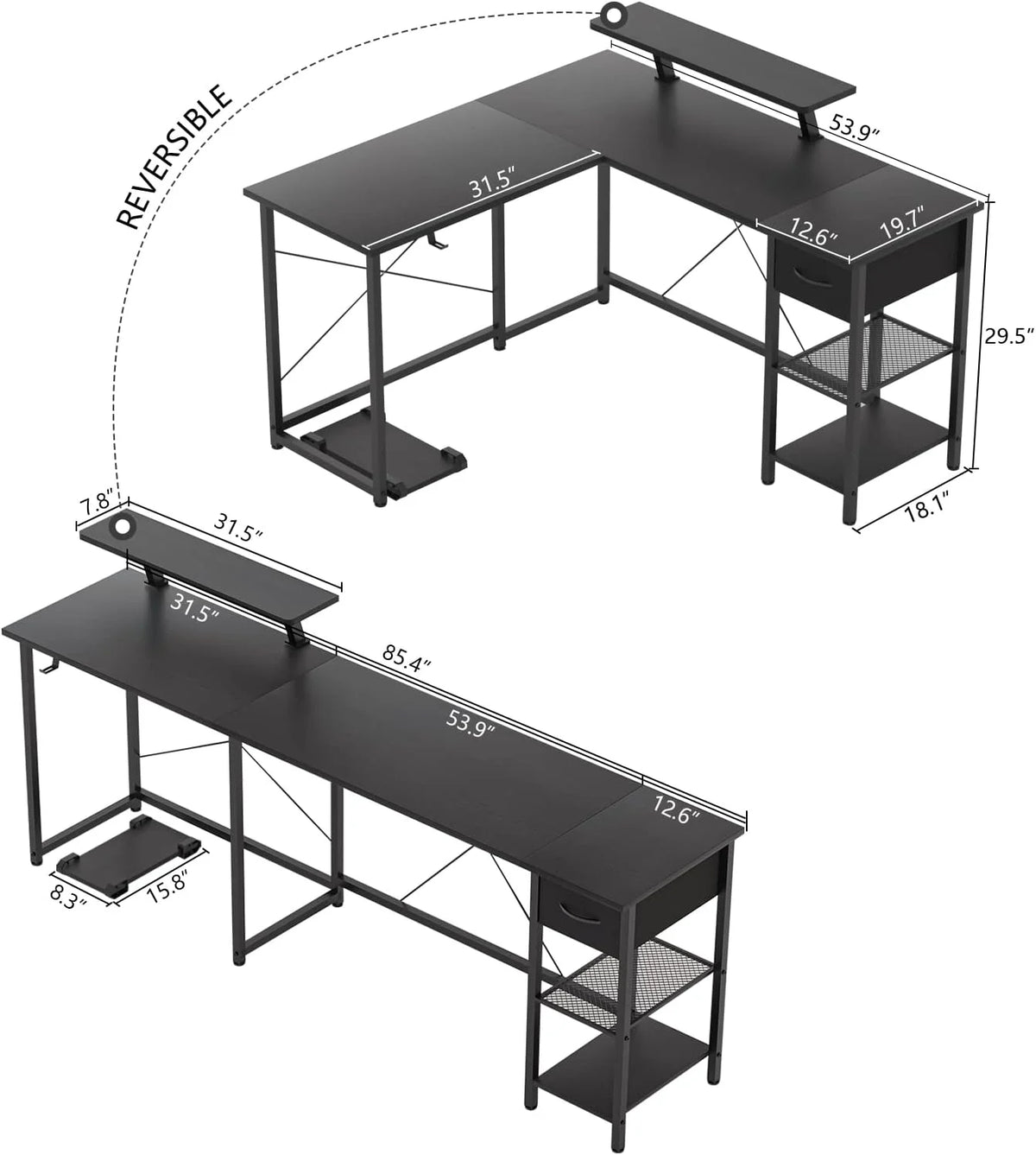 L Shaped Corner Computer Desk with Shelves and Monitor Stand Black V731286