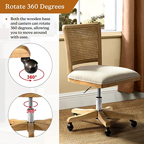 Upholstered Armless Swivel Desk Chair with Rattan Mid-Back A72246