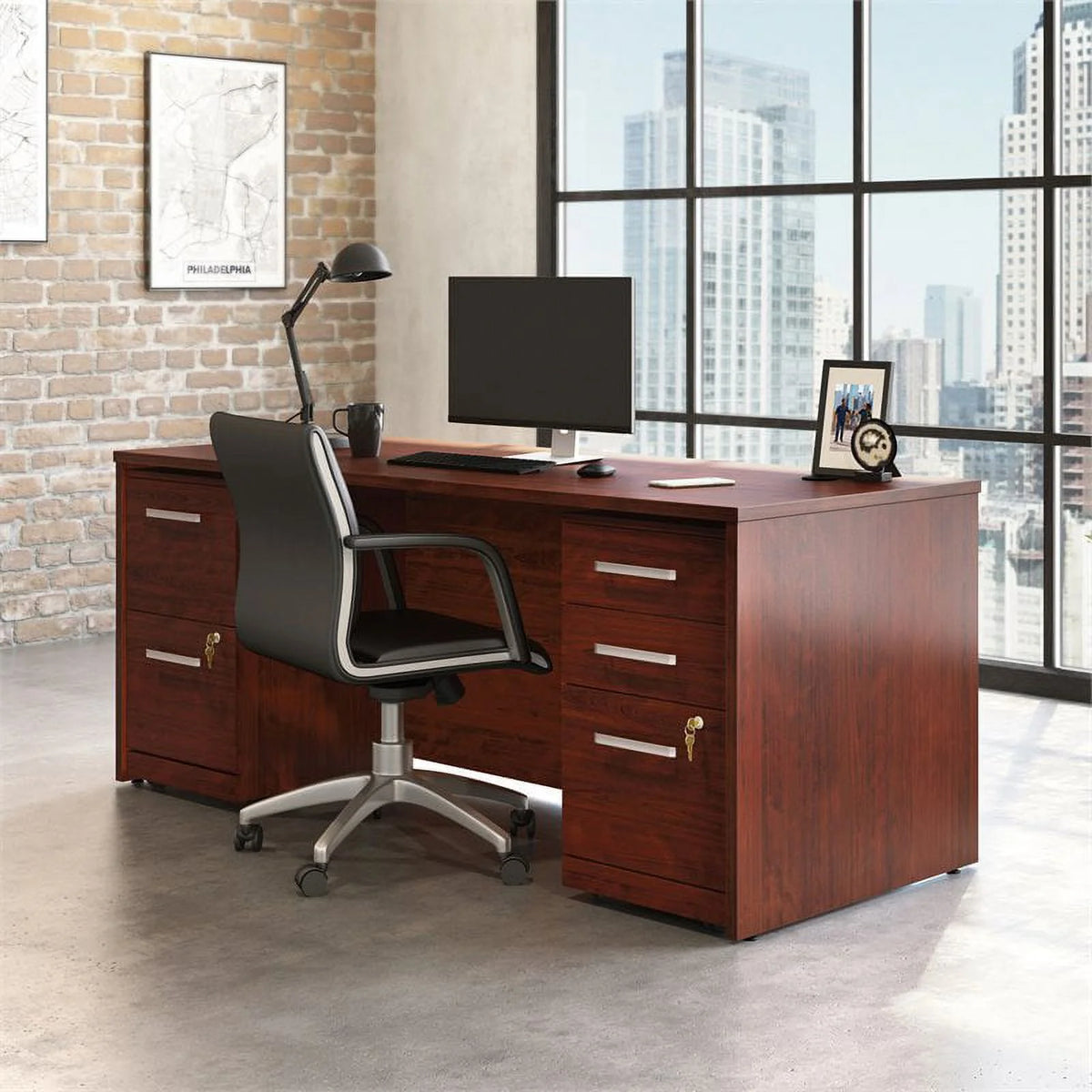 72" x 30" 2-Drawers Desk with 3-Drawers Mobile File Cabinet in Cherry O473300