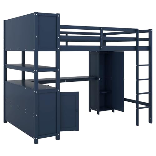 Full Size Wood Loft Bed with Desk and Storage Q10505