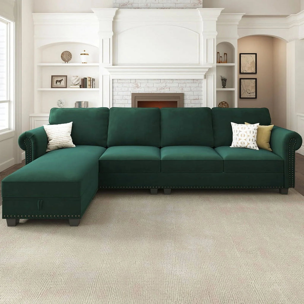 Black Velvet Sectional Sofa with Storage Ottoman and Reversible Chaise R743