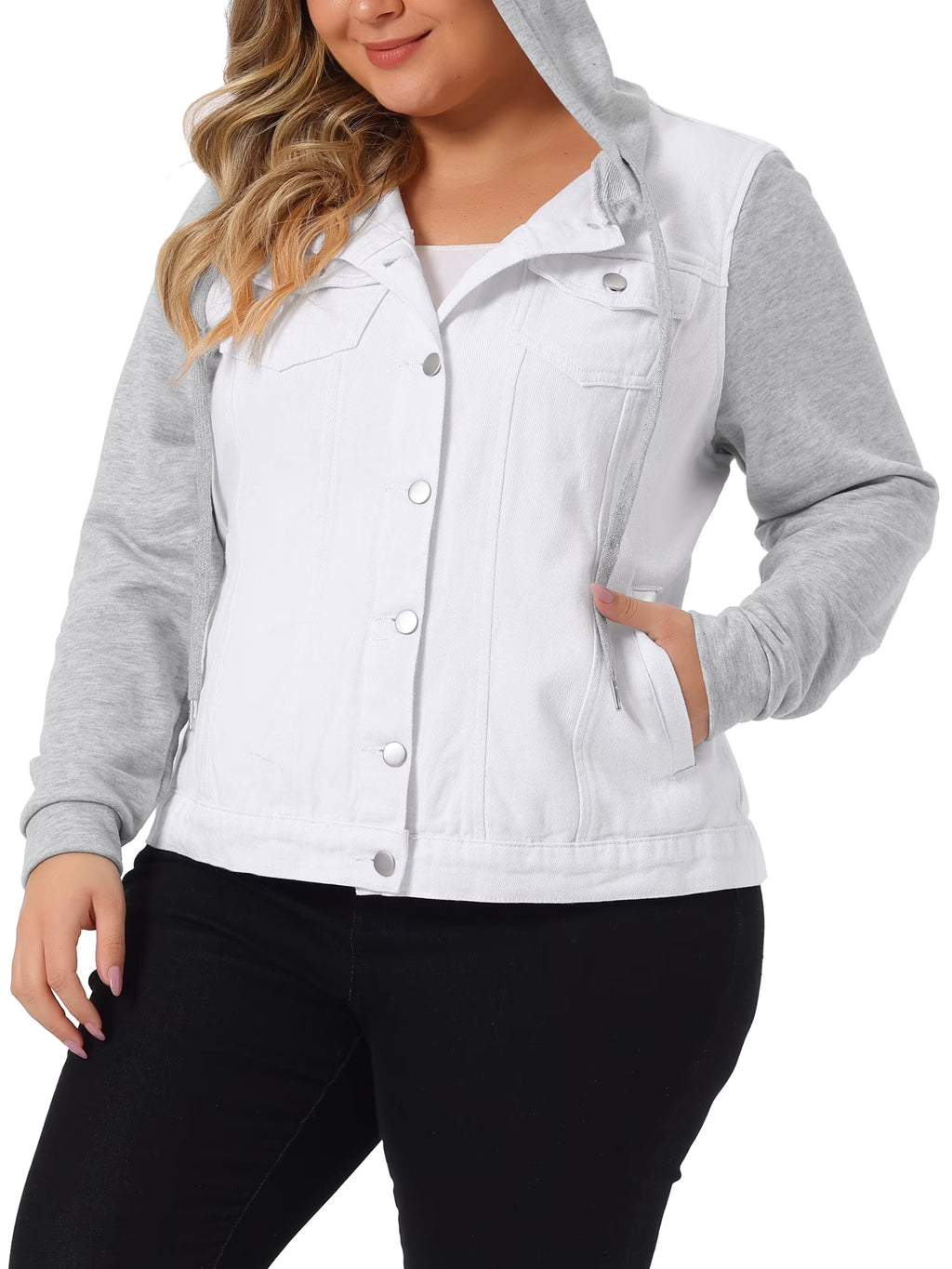 Plus Size Layered Drawstring Hood Denim Jacket V727263