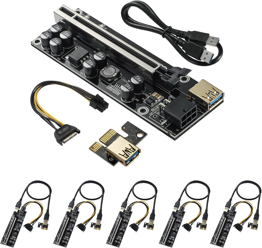 PCI-E 1X to 16X GPU Riser Card Adapter with 6PIN SATA Power Cable, Black 6 Pack S638