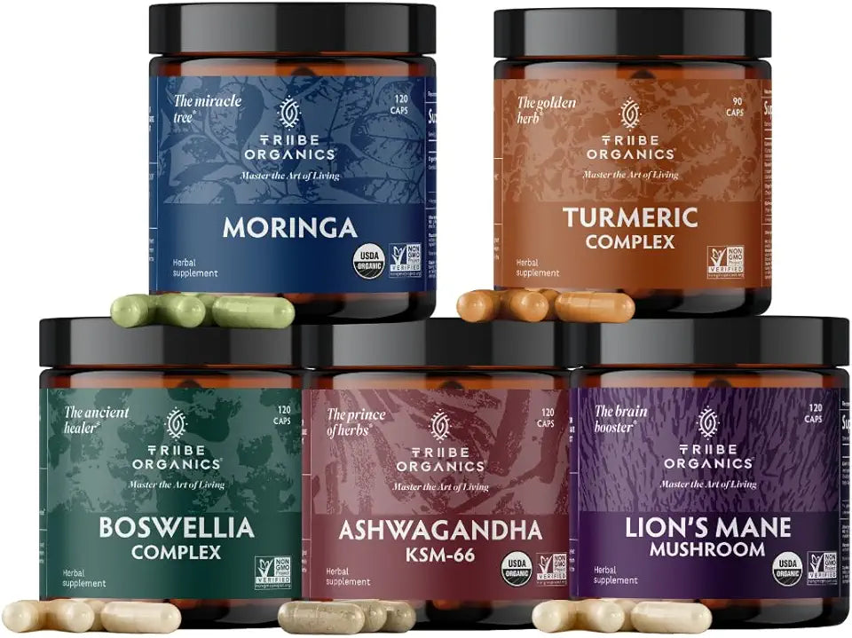 Organic KSM-66 Ashwagandha Boswellia Curcumin Lions Mane Moringa Bundle O258628
