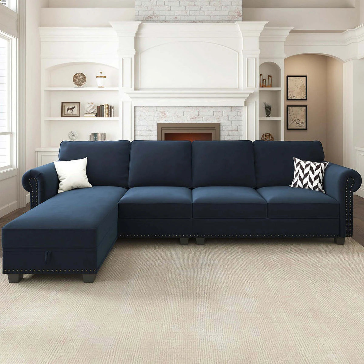 Black Velvet Sectional Sofa with Storage Ottoman and Reversible Chaise R743