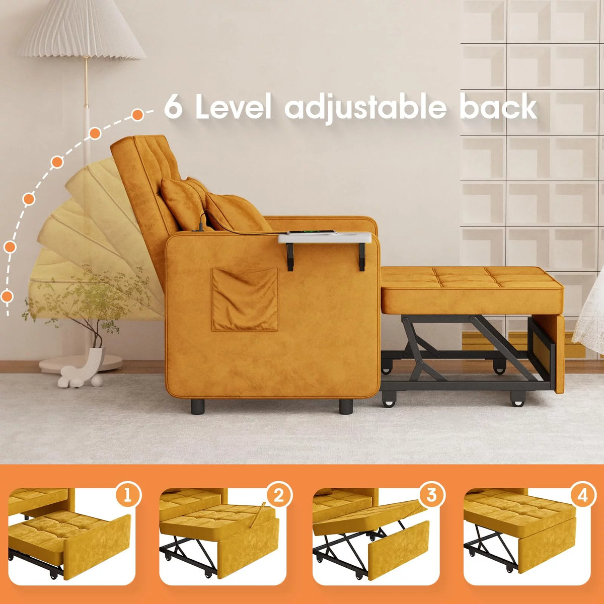 Velvet 3-in-1 Sofa Bed Chair with Wing Table and USB Ports G560