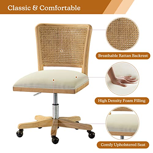 Upholstered Armless Swivel Desk Chair with Rattan Mid-Back A72246