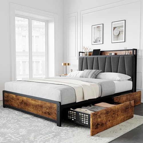 Full Size Linen Upholstered Bed Frame with 4 Drawers M301061