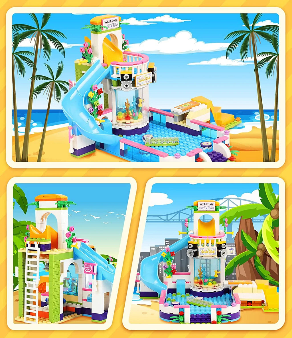 727 Pieces Pool Building Blocks Set with Toy Juice Bar and Hot Tub J24267