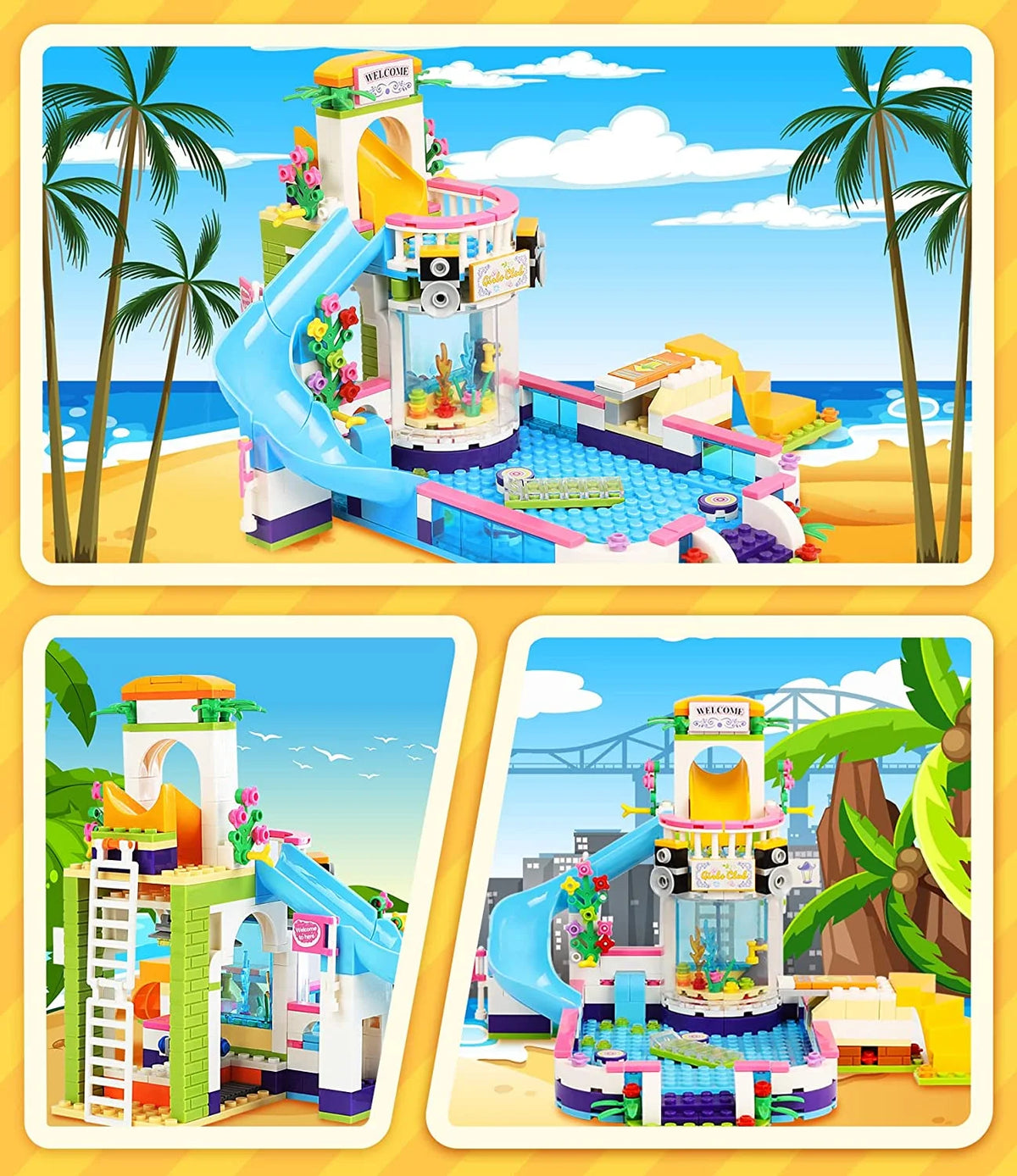 727 Pieces Pool Building Blocks Set with Toy Juice Bar and Hot Tub J24267