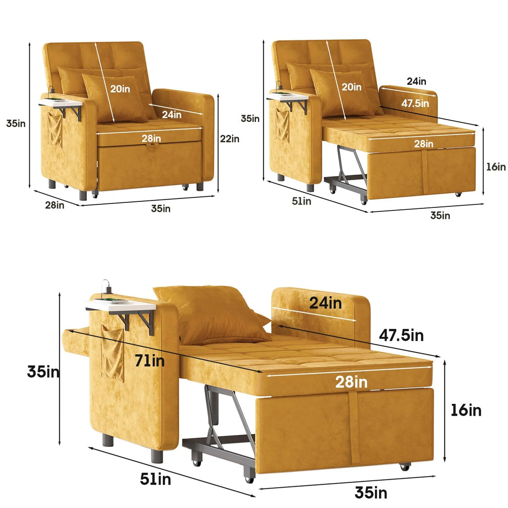 Velvet 3-in-1 Sofa Bed Chair with Wing Table and USB Ports G560