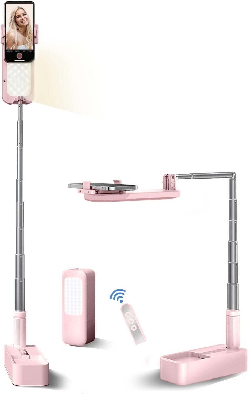 Selfie Stand with 360° Rotates Phone Holder, Foldable, Rechargeable, Wireless, 1000mah Battery, 7 Brightness LED Light, White, Pack of 2 M7010