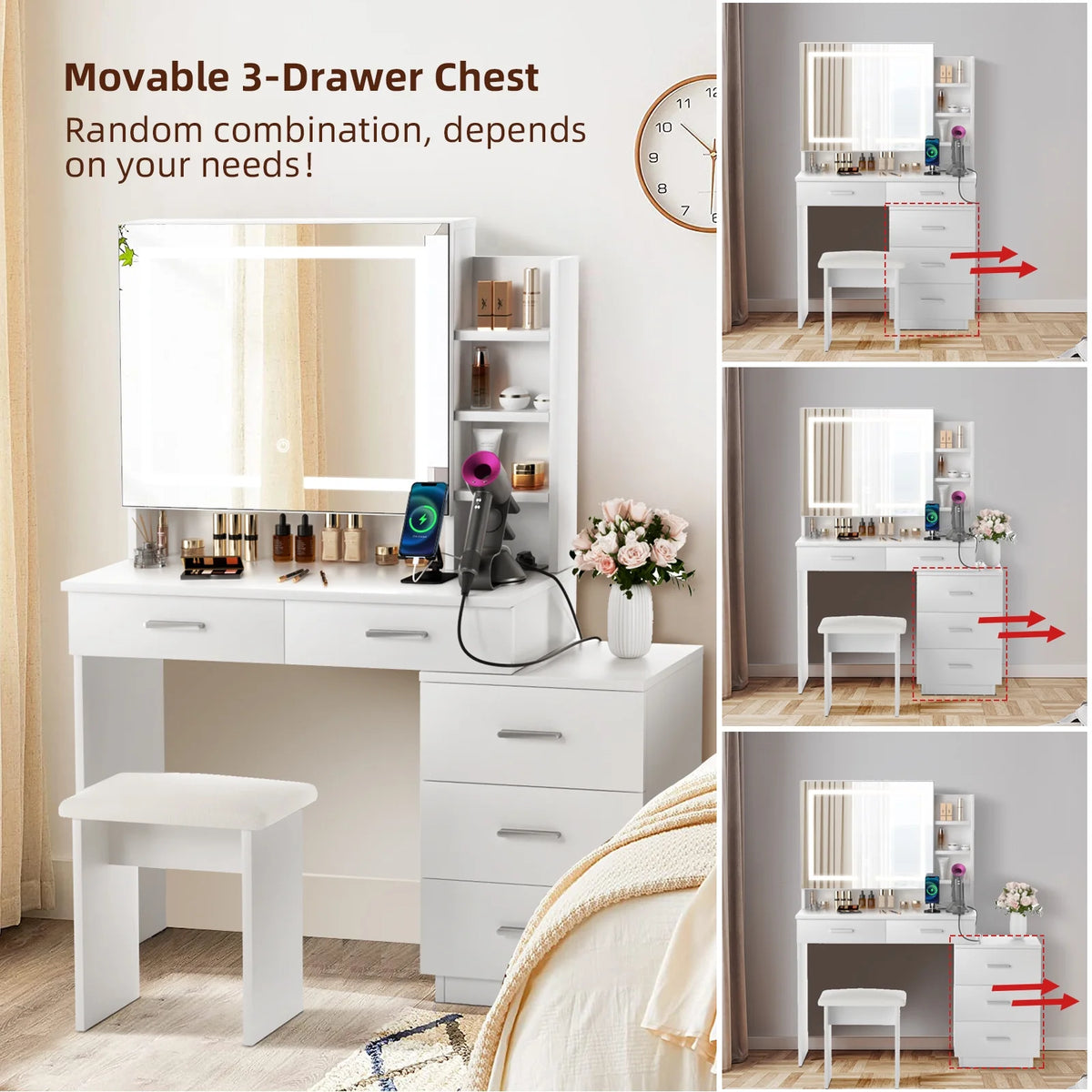 White Makeup Vanity Desk with Lighted Mirror and 3-Drawer Chest F130