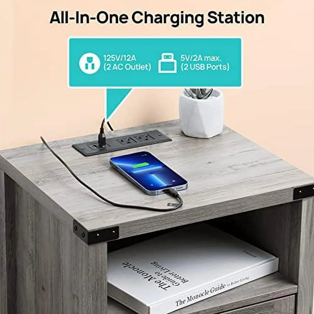 Grey Nightstand with LED Lights and Charging Station Set of 2 Z1761