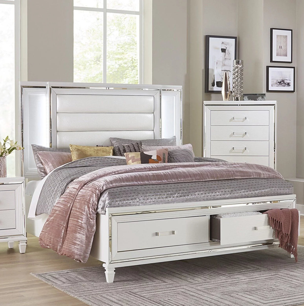 White 1pc Eastern King Platform Bed with Footboard Drawers LED Headboard E915