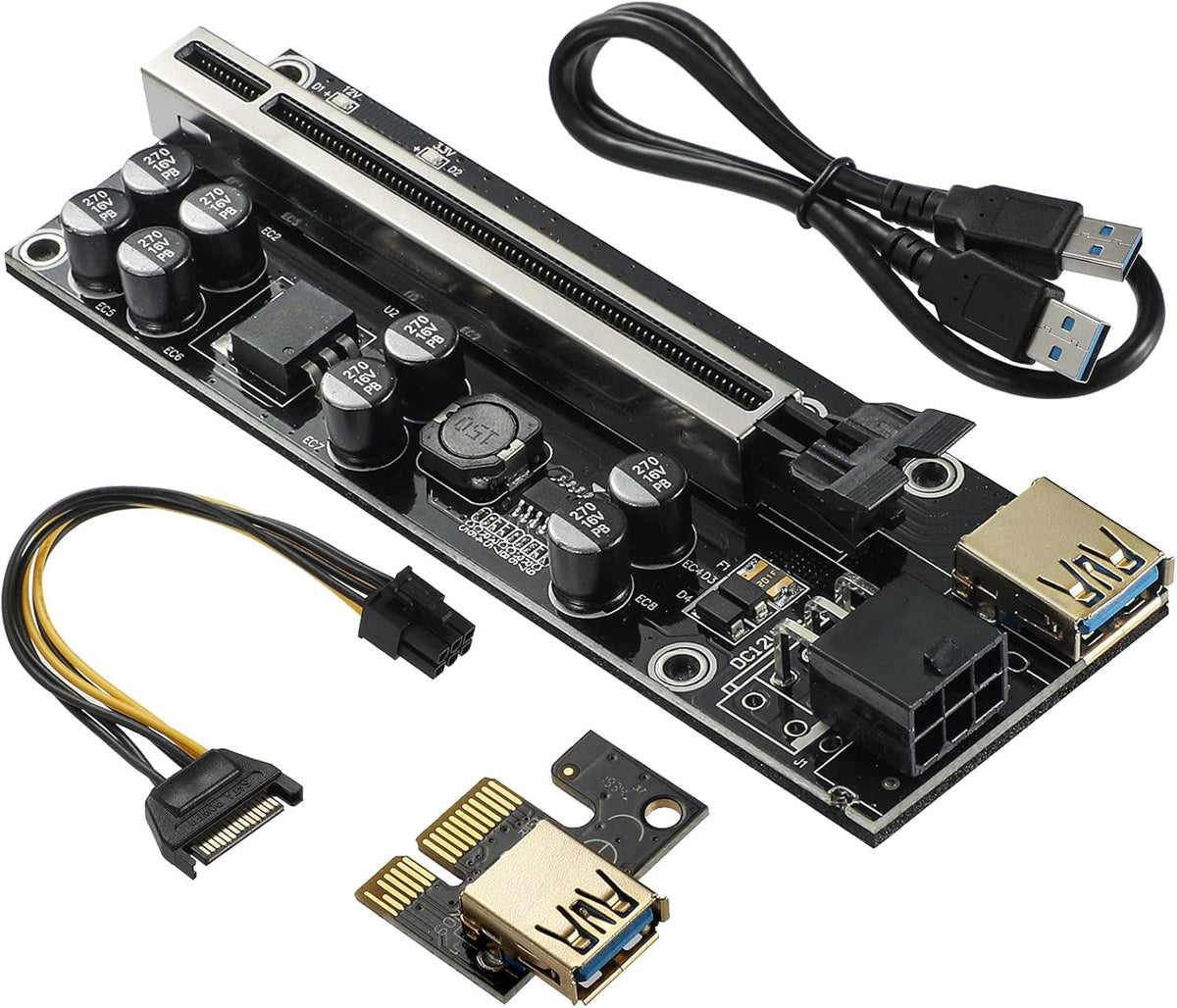 PCI-E 1X to 16X GPU Riser Card Adapter with 6PIN SATA Power Cable, Black 6 Pack S638