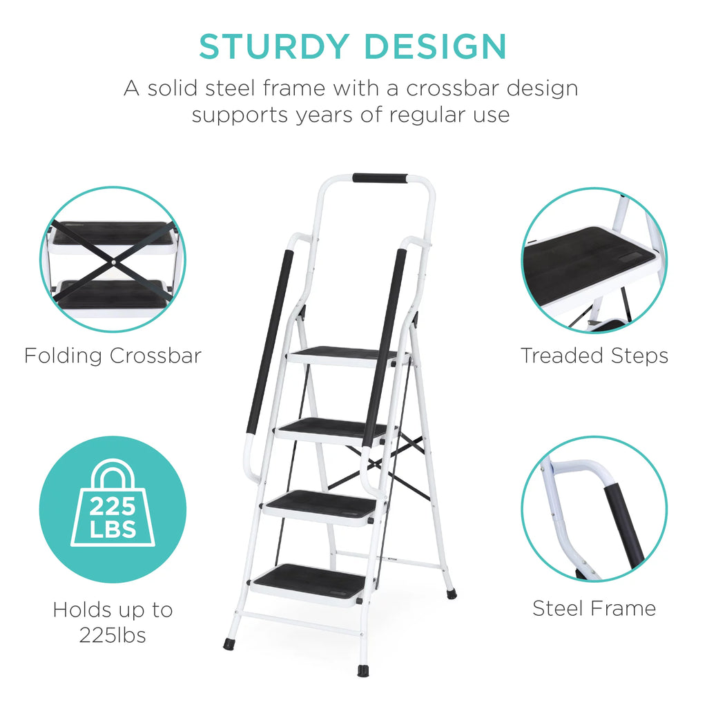 4-Step Portable Folding Anti-Slip Steel Ladder with Handrails H690827