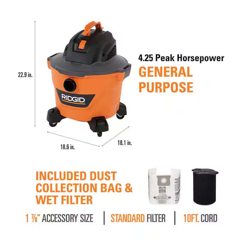 9 Gallon 4.25 Peak HP Wet/Dry Shop Vacuum with Filters Hose and Accessories F1238