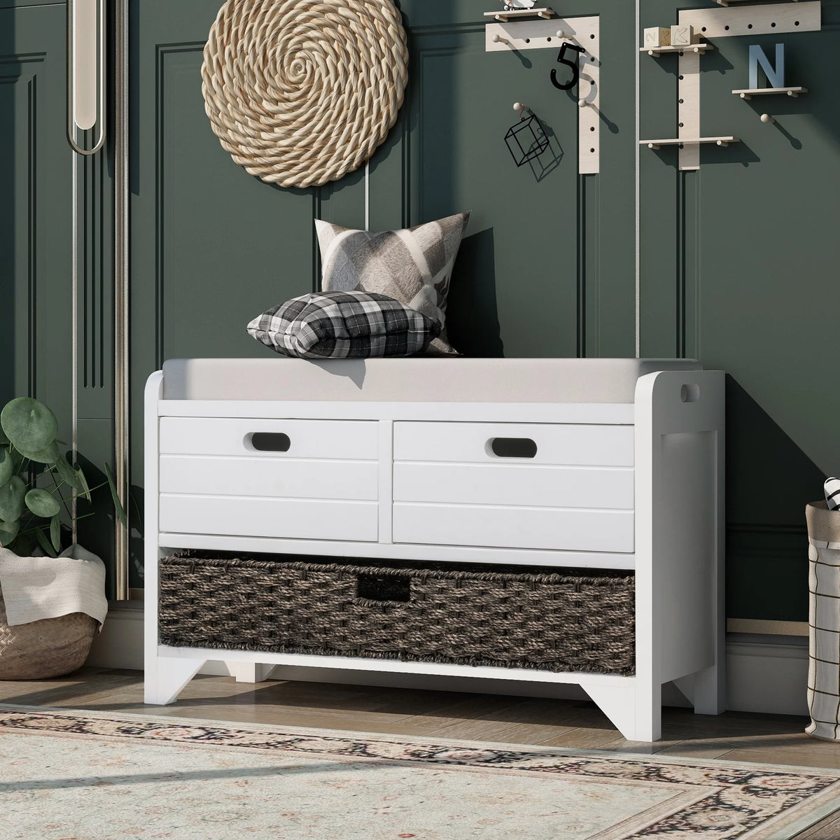 White Storage Bench with Removable Basket and 2 Drawers V52682