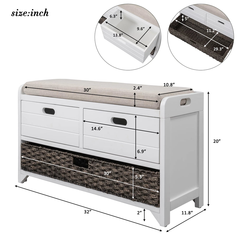 White Storage Bench with Removable Basket and 2 Drawers V52682