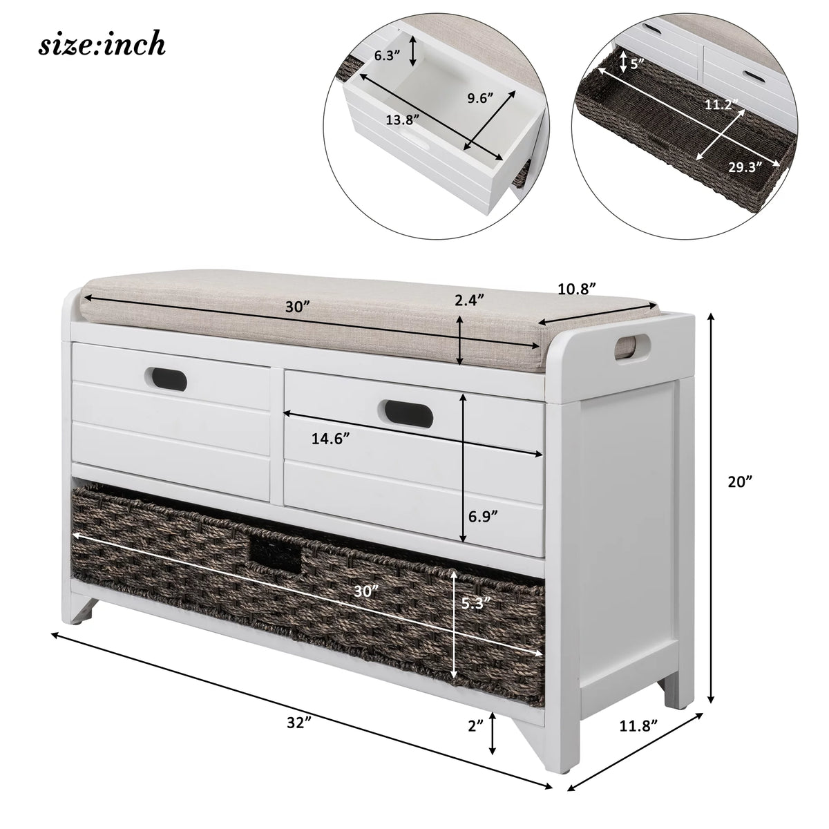 White Storage Bench with Removable Basket and 2 Drawers V52682