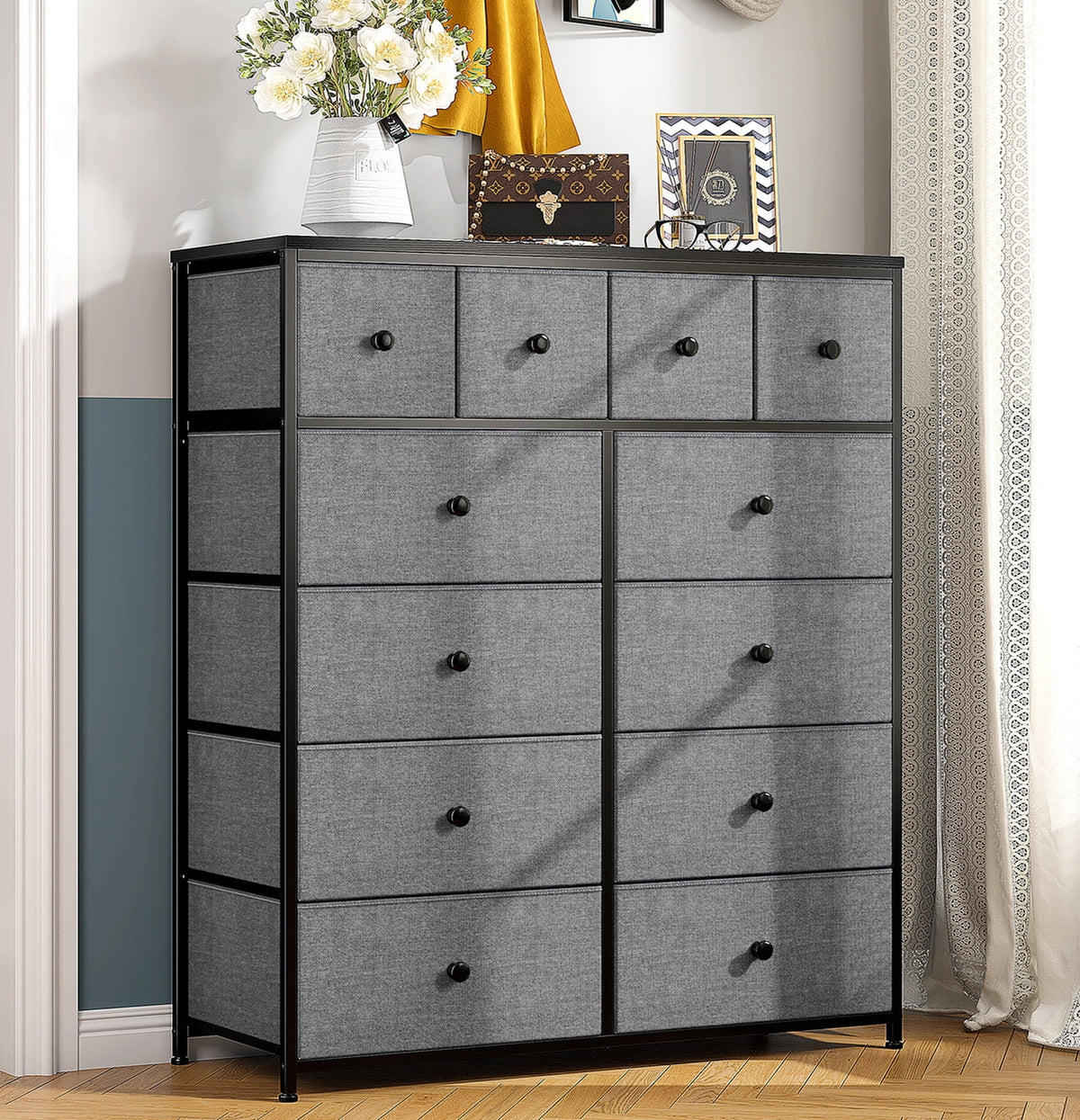 9 Drawer Fabric Dresser with Shelves H215