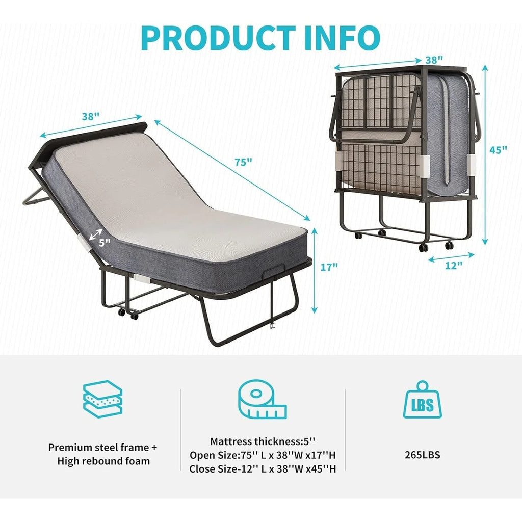 Folding Bed with Mattress, Portable Roll Away Bed, Gray Twin XL H514