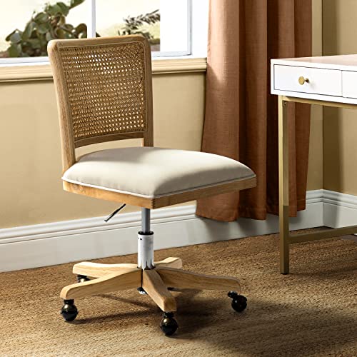 Upholstered Armless Swivel Desk Chair with Rattan Mid-Back A72246