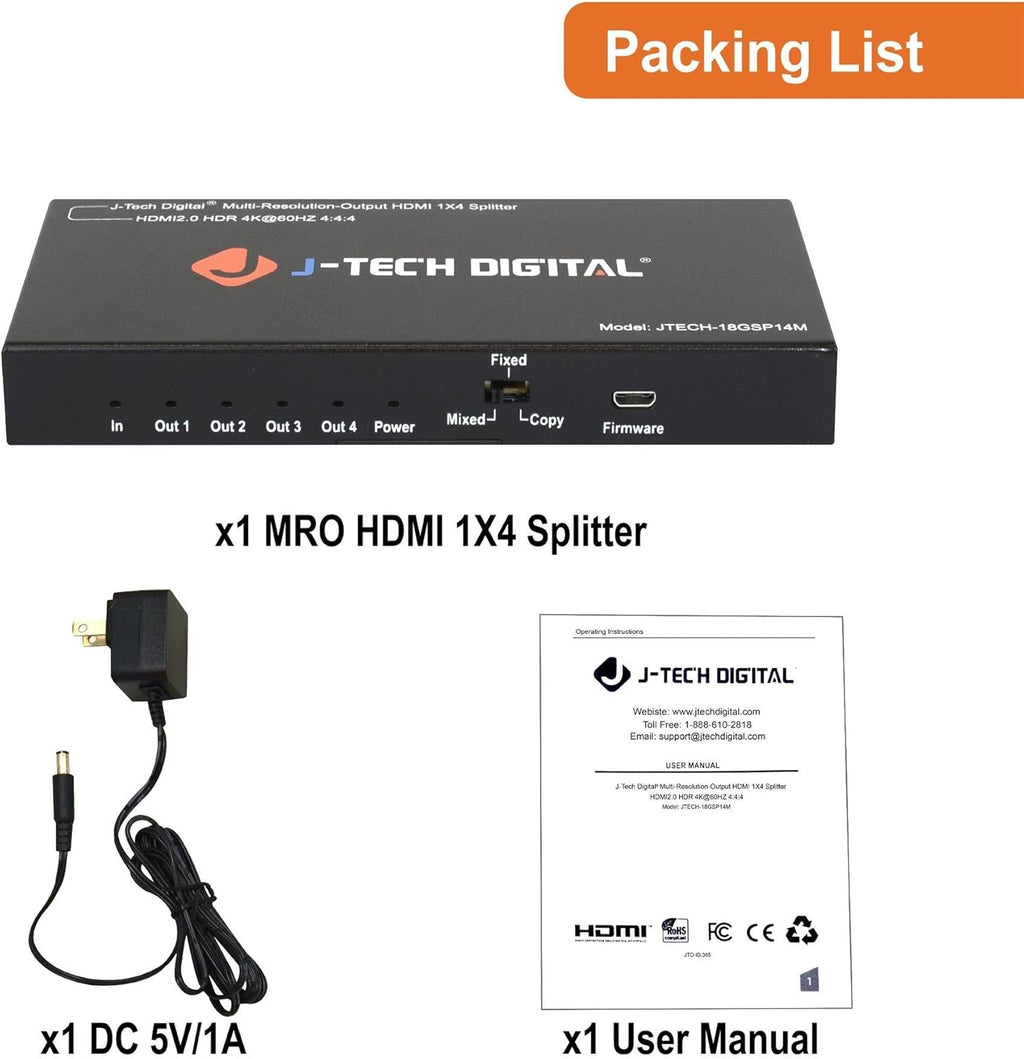 18GBps 1x4 HDMI 2.0 Splitter HDR10 Dolby Vision 4K@60Hz 4:4:4 Z493469
