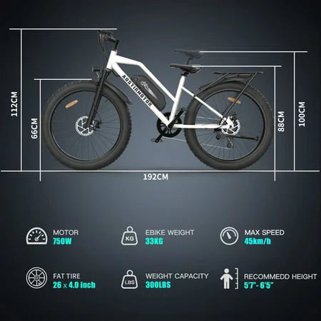 Electric Mountain Bike 750W 48V 13AH Removable Lithium Battery 26" 4.0 inch Fat Tire White A23701